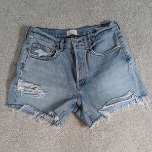 Blue Distressed Jean Shorts with Frayed Hem